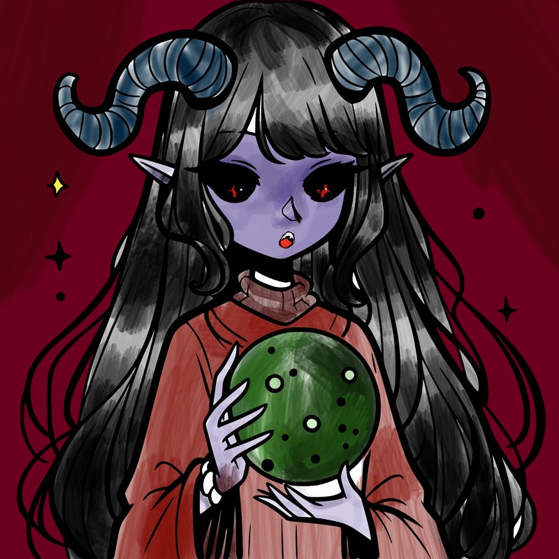 long haired girl with horns and magic orb in her hand
