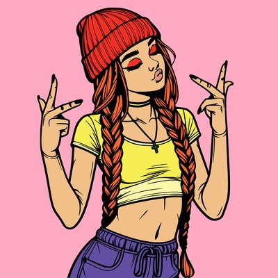 realistic teenage girl with braids and a beanie and crop top doing 🫶🏼