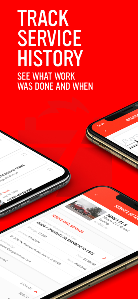 My Firestone - Schermata mobile dell'app My Firestone che mostra una cronologia dettagliata degli interventi sull'auto, inclusi i registri dei cambi d'olio