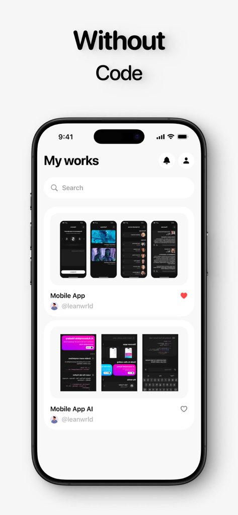 Rork Vibecode Guide - iPhone interface showing the My works section with project cards for mobile app development without code.