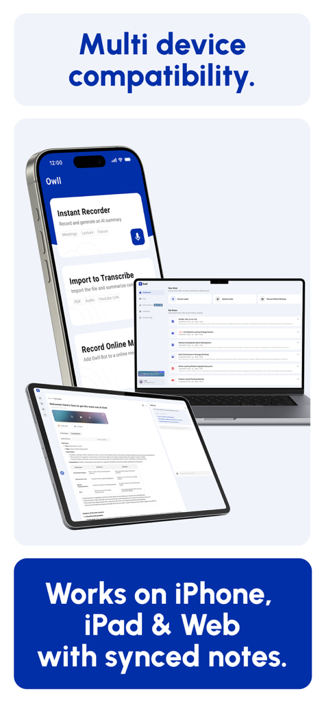 Owll AI note taking app interface displayed on iPhone, iPad and laptop showing multi-device compatibility and synced notes