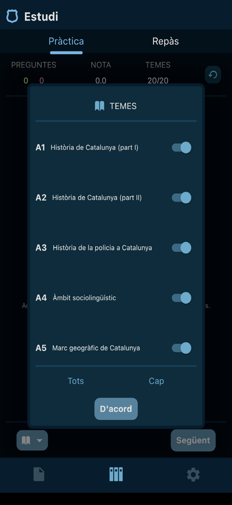 Interfaz de la aplicación Academia Mossos para seleccionar temas de estudio específicos usando interruptores.