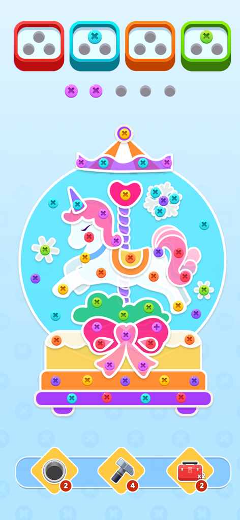 Un niveau de puzzle de carrousel de licorne coloré dans le jeu mobile Screw It Out montrant des vis triées par couleur.