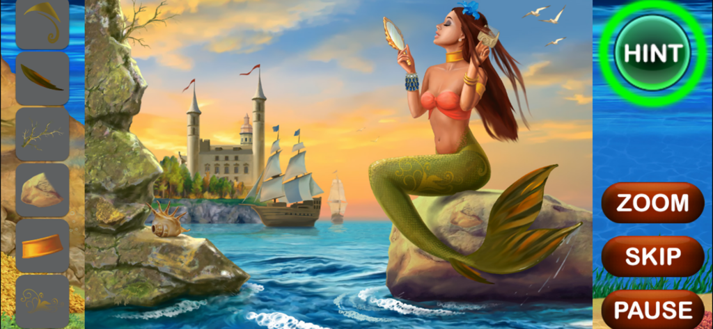 Mermaid Hidden Objects - A mermaid sitting on a rock near a castle and sailing ship in a hidden object game level