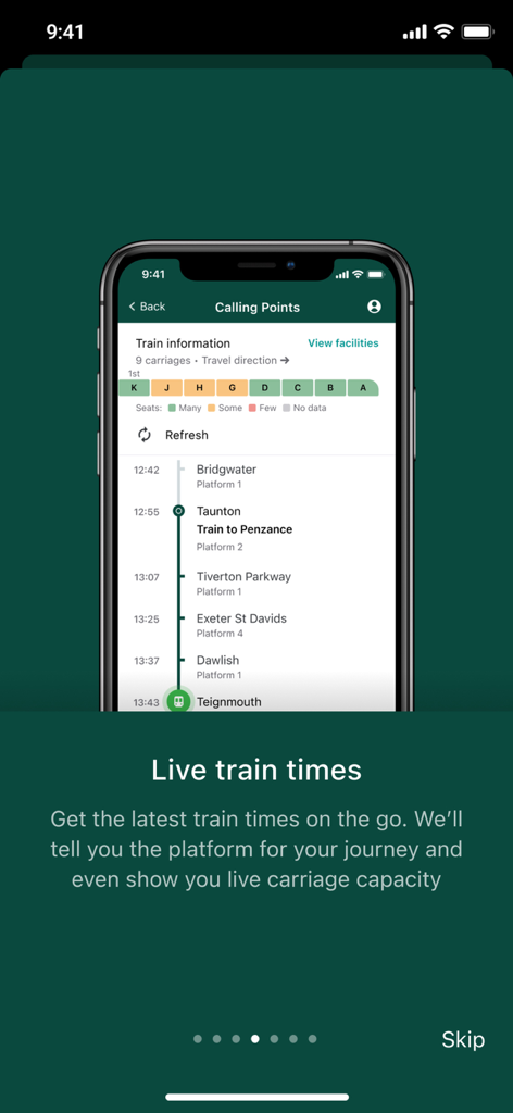 Great Western Railway app screen displaying live train times and carriage capacity.