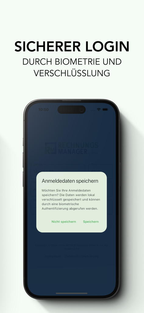 RechnungsManager - RechnungsManager App sichere Anmeldeoberfläche auf einem iPhone mit biometrischer Authentifizierung und Datenverschlüsselungsoptionen.