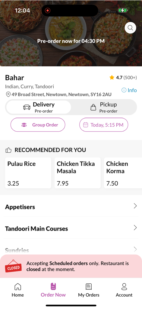 Bahar - Bahar app screen showing Indian food menu categories and delivery options in Newtown