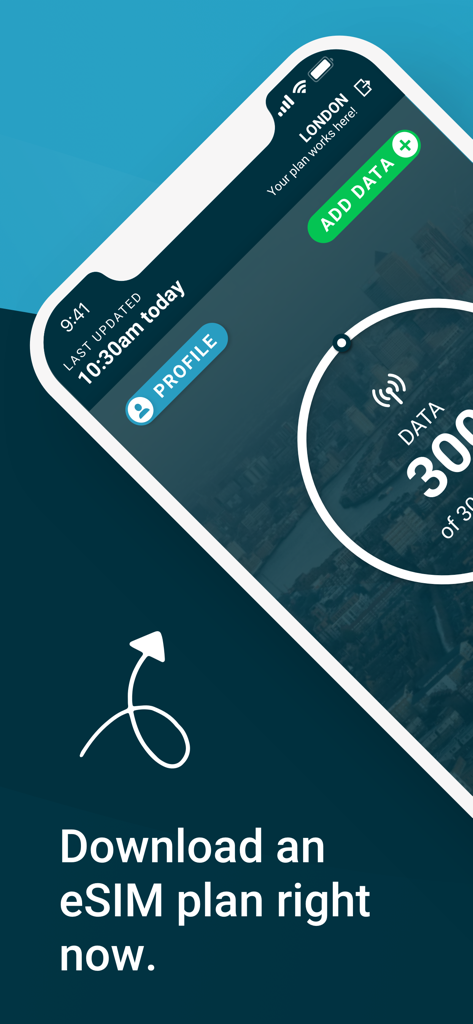 My Truphone: eSIM travel data - Una pantalla de smartphone que muestra la aplicación My Truphone con el texto Descarga un plan eSIM ahora mismo