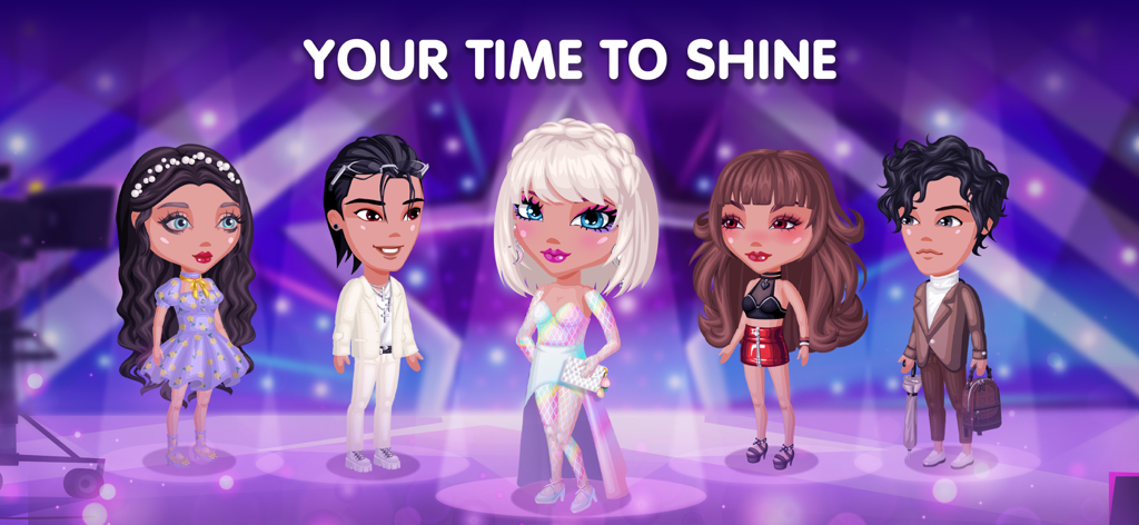 Avatar Life - love & bit gacha - Fünf stilvolle individuelle Avatare stehen auf einer lila Bühne mit dem Text Deine Zeit zu glänzen