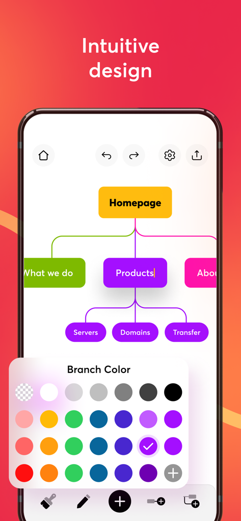 ツリーチャートとブランチの色カスタマイズツールを備えたiPhone上のマインドマッピングアプリのインターフェイス。