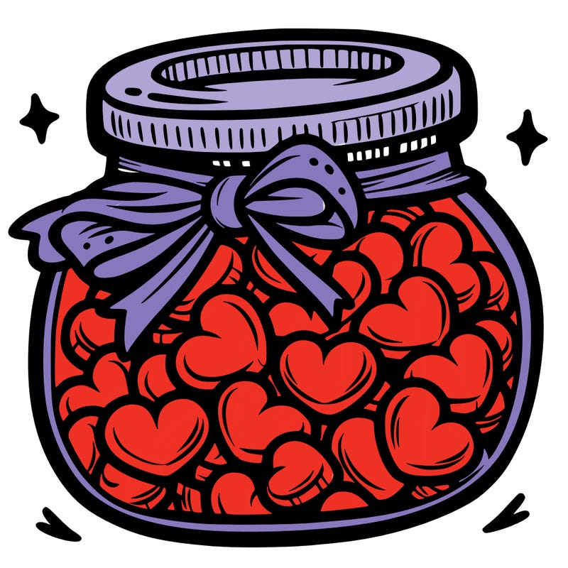 a jar filled with heart-shaped candies and a ribbon around the neck.