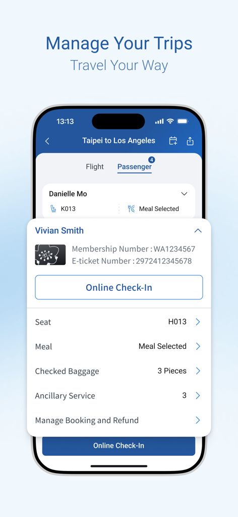 China Airlines App - The China Airlines app interface for managing flight trips, showing passenger details and online check-in options.