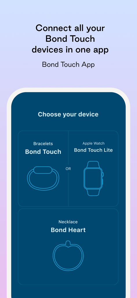 Interfaz de la aplicación Bond Touch que muestra opciones para conectar diferentes dispositivos como pulseras, Apple Watch y collares