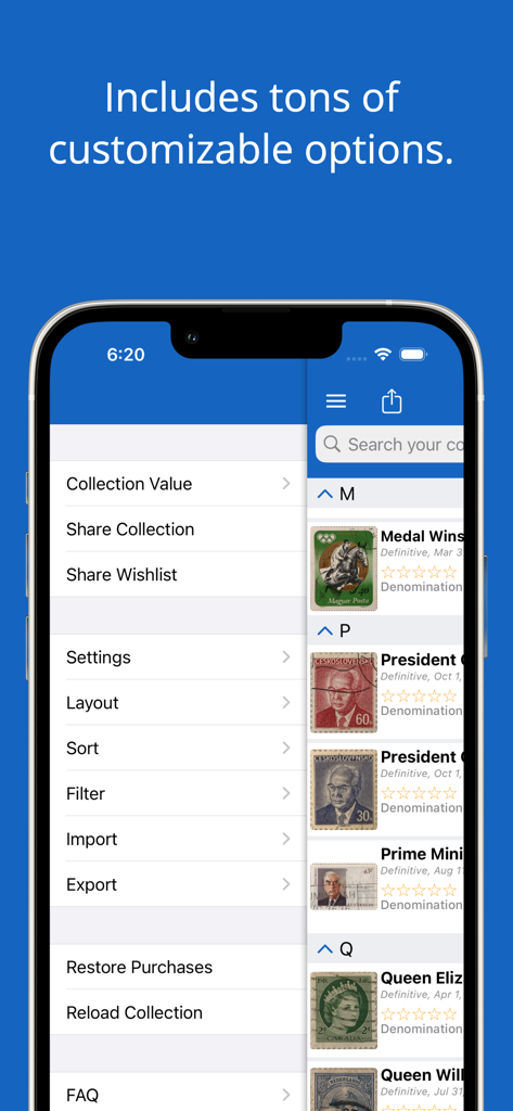 iCollect Stamps: Scanner List - iCollect Stamps app interface showing the side menu with collection management options like sorting filtering and export