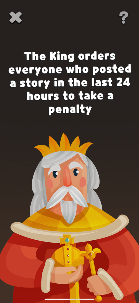 Hey, Dare! Adult Party Games - Un personaje de rey de dibujos animados emitiendo un desafío de penalización en redes sociales en la aplicación del juego de fiesta para adultos Hey Dare