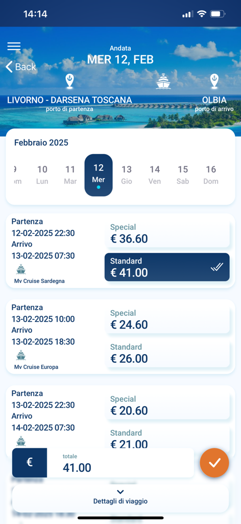 Grimaldi Lines mobile app showing ferry ticket options and prices for travel between Livorno and Olbia.