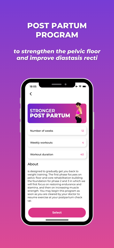 GetStronger: Fitness for Women - Pantalla de la aplicación móvil GetStronger que muestra el programa Stronger Post Partum para la recuperación del suelo pélvico y el core.