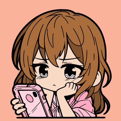 a anime girl looking down on her phone that's bored or ennui
