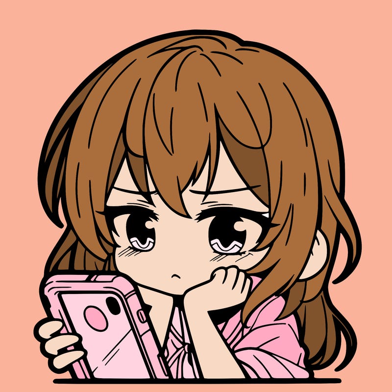 a anime girl looking down on her phone that's bored or ennui