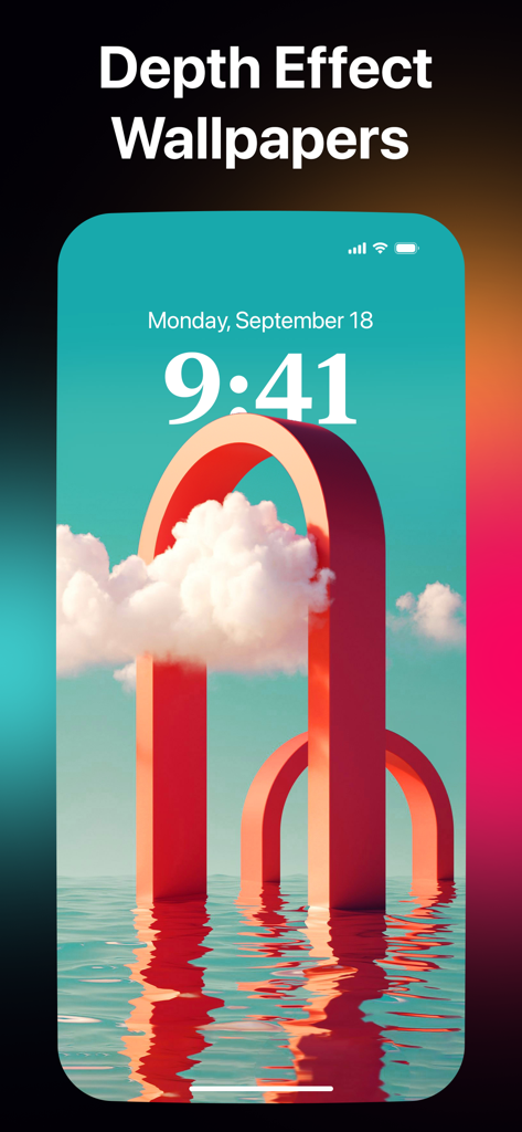 빨간색 아치와 구름이 있는 미적인 깊이 효과 배경화면을 보여주는 MyScreen 앱 인터페이스