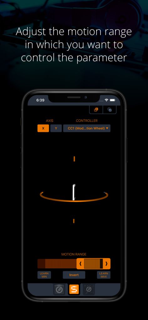 Midiflow Motion app interface on an iPhone showing the settings for adjusting the motion range of a MIDI controller parameter