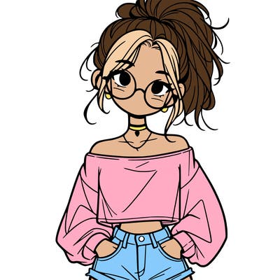 girl with a messy ponytail glasses a baggy crop top and jean shorts