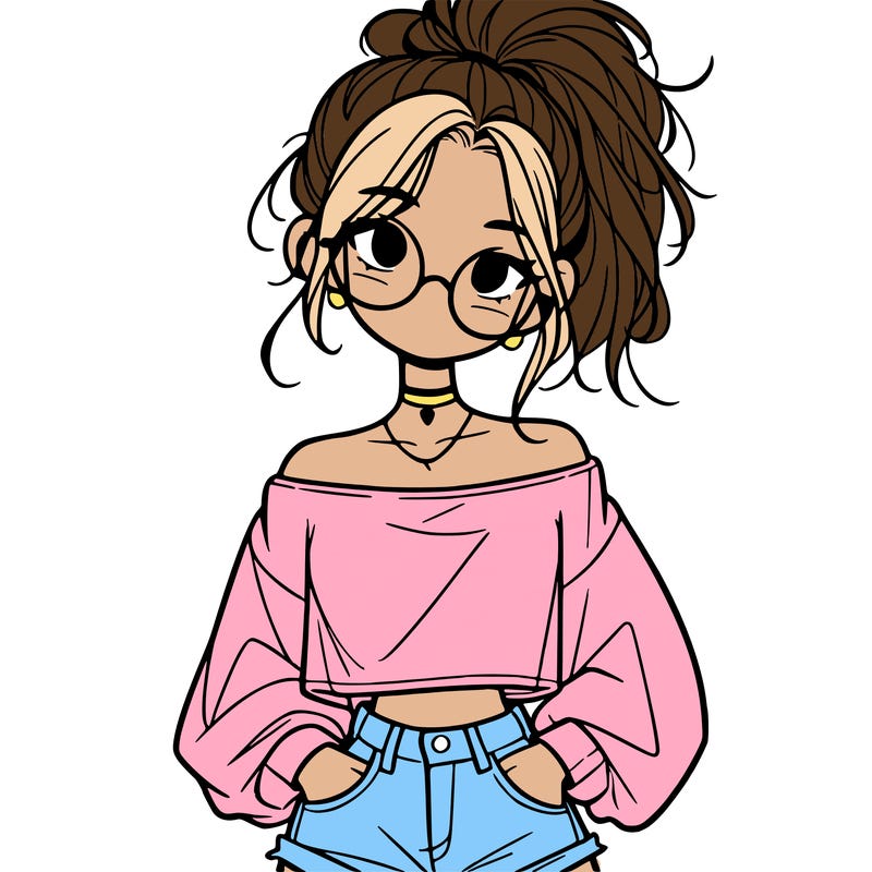 girl with a messy ponytail glasses a baggy crop top and jean shorts