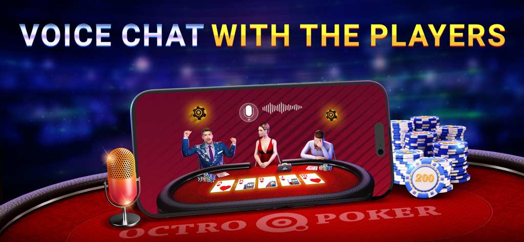 Octro Poker Texas Holdem Games - Mobile screen showing Octro Poker 3D gameplay with a voice chat icon and avatars at a poker table
