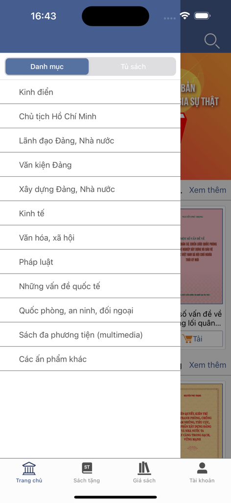 STBook-Chính trị quốc gia ST - Navigation menu in the STBook app showing various political and legal book categories in Vietnamese