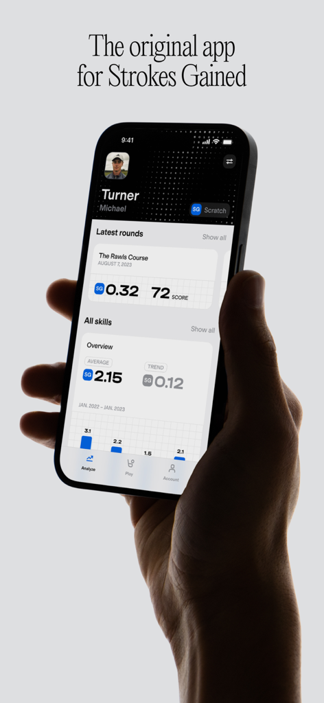 Golfmetrics - A hand holding an iPhone displaying the Golfmetrics app dashboard with strokes gained statistics for a golfer