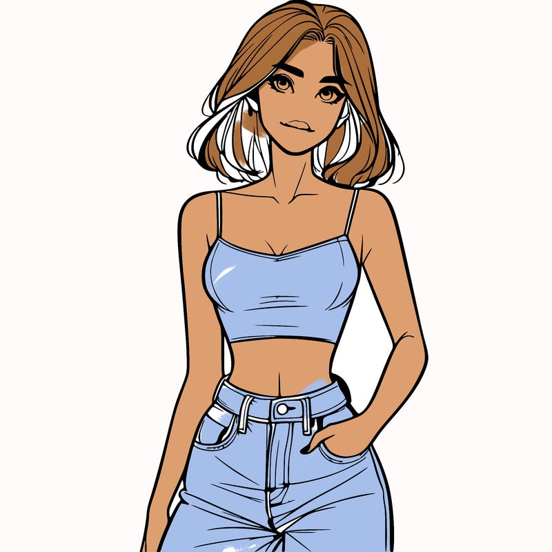 a realistic girl with a crop top and jeans