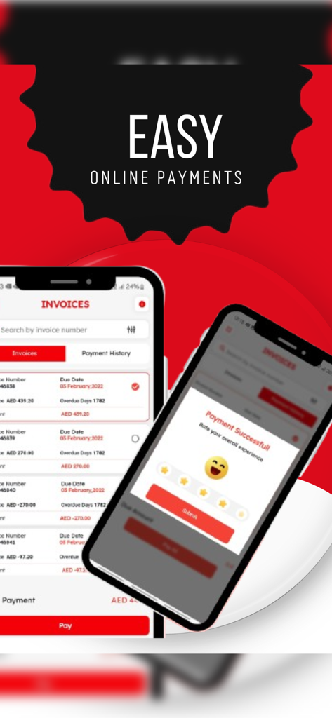Coke B2B app interface showing invoice management and online payment success screen