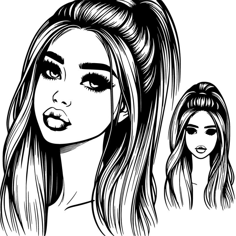 realistic girl with long, high pony hair and lips