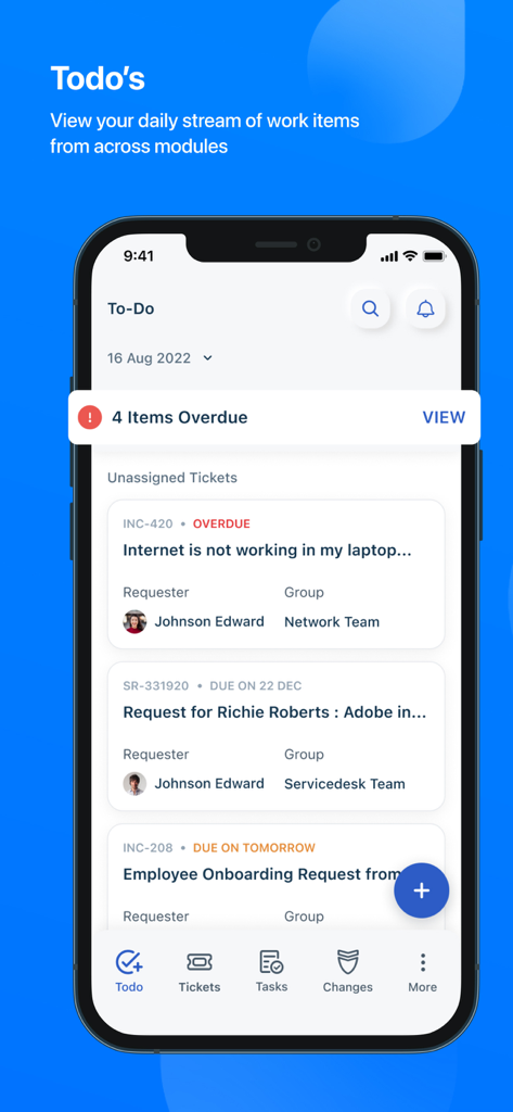 Freshservice - Freshservice mobile app to-do list interface showing unassigned and overdue IT tickets