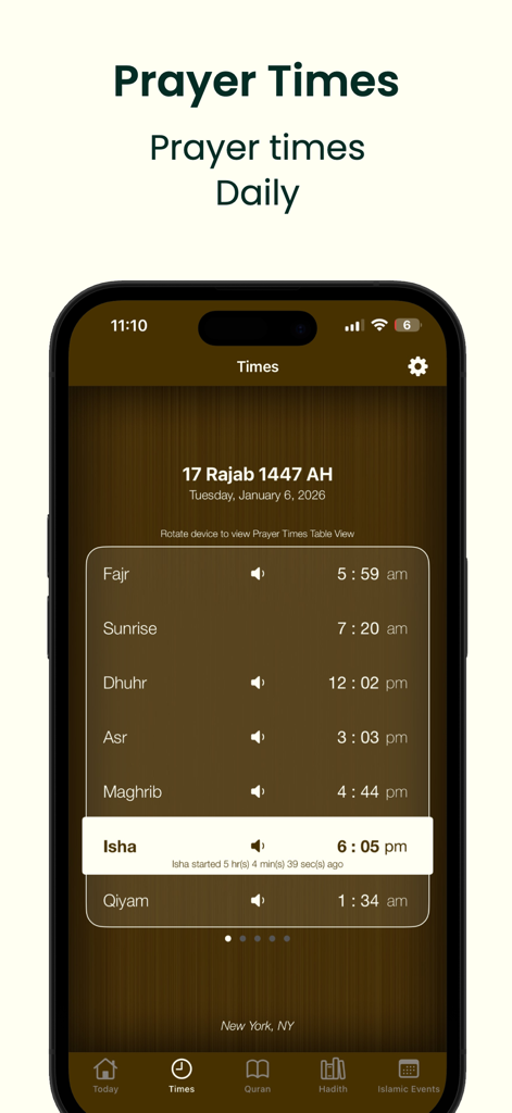 Smartphone screen showing daily Islamic prayer times for New York, including Fajr, Dhuhr, Asr, Maghrib, and Isha.