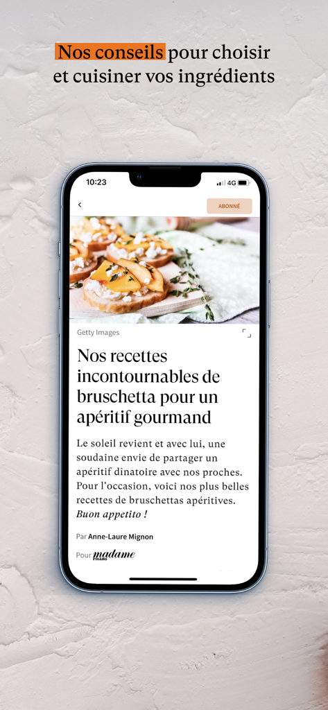 Le Figaro Cuisine - Le Figaro Cuisine mobile app showing an article with bruschetta recipes and culinary advice.