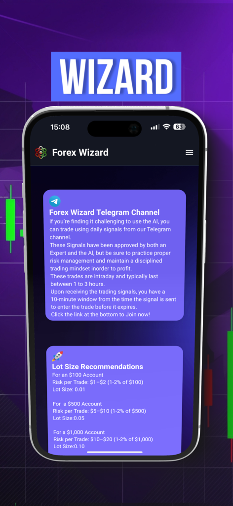 Forex Wizard - Forex Wizard mobile app screen showing trading signal info and lot size recommendations.