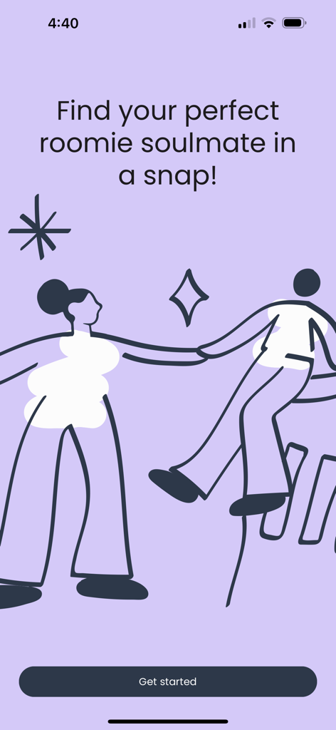 The welcome screen of the Loby app featuring text about finding a roommate soulmate and a whimsical illustration.