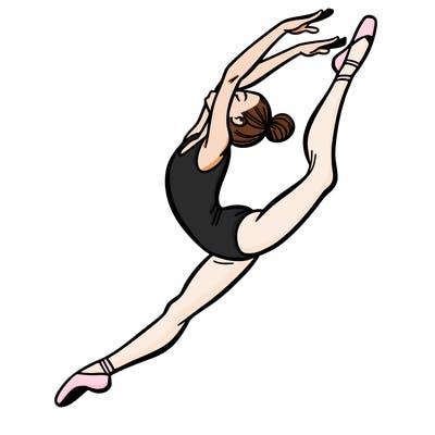 gymnast doing a leap in a leotard with a bent back leg