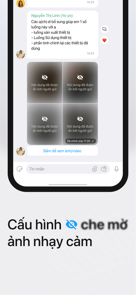 Lotus Chat mobile interface showing blurred images in a message thread with a setting to hide sensitive content.