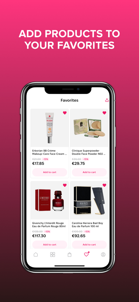 MyDutyFree app screen displaying a list of favorite beauty and fragrance products with special discounts