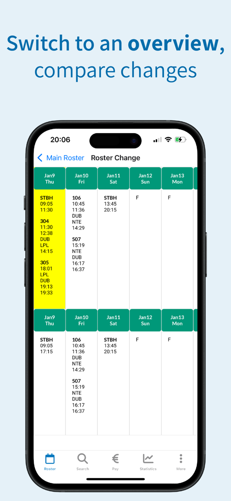 Wingman: Crew Roster - Smartphone screen of Wingman app showing airline crew roster changes comparison