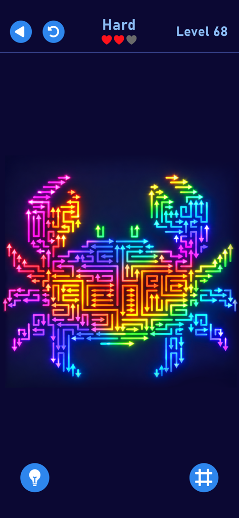 Arrow World - Puzzle Out Game - Un puzzle de lógica de flechas de neón arcoíris con forma de cangrejo en el nivel sesenta y ocho de Arrow World