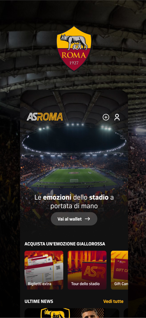 Schermata principale dell'app AS Roma Il mio posto che mostra la vista dello stadio e le opzioni dei biglietti