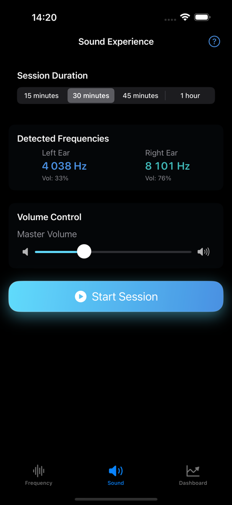 Sound experience interface of the Tinnitus Relief app showing session duration, detected frequencies for each ear, and volume control settings.
