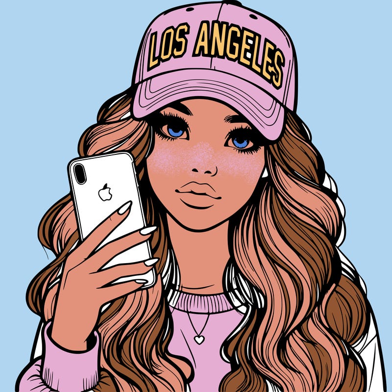 realistic beautiful girl wearing los ángeles cap holding an iphone