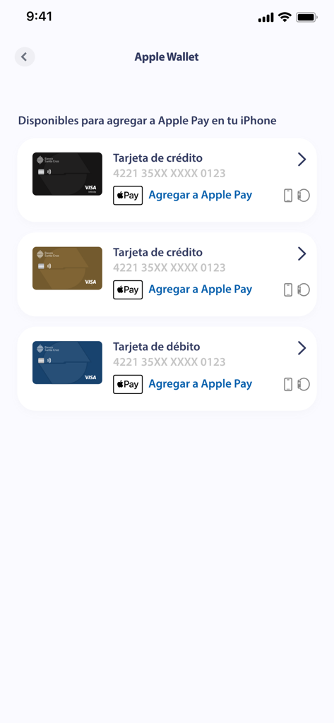 App BSC - Screen of the App BSC showing options to add credit and debit cards to Apple Pay