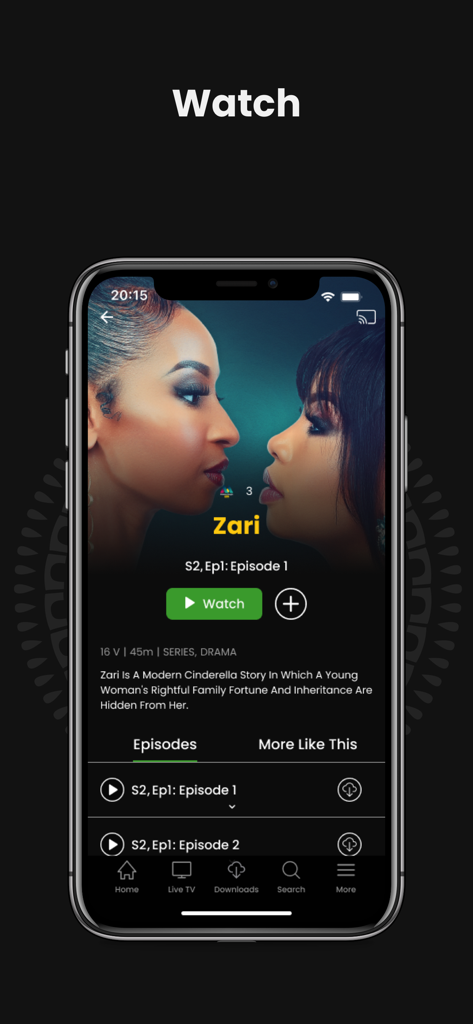 GOtv Stream - L'interface de l'application GOtv Stream affiche la série Zari avec des options pour regarder les épisodes et les télécharger pour un visionnage hors ligne.