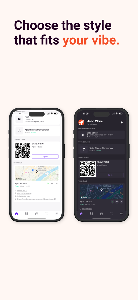 Xplor Active - Aplicativo móvel Xplor Active mostrando a interface do usuário em temas de modo claro e escuro