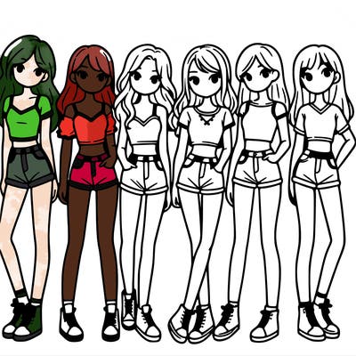 a group of girls wearing crop tops and shorts